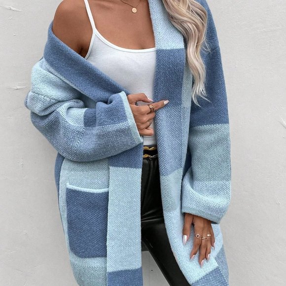 Blue Casual Womens Color Block Drop Shoulder Duster Cardigan - Picture 5 of 5